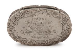 BLAYDON MAIN COLLIERY antique English sterling silver snuff box engraved "Presented To Mr. A. YOUNG Engineer By The Workman Of Blaydon Main Colliery As A Token Of Respect And Esteem, 31st Aug. 1858", made by Edward Smith of Birmingham, circa 1845, 8cm wid