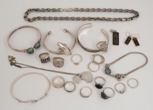 Assorted silver jewellery with stones, including rings, bangles, Italian necklace, earrings etc. 250 grams total