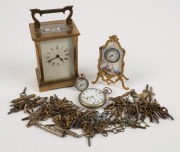 Antique carriage clock, pocket watch, table clock, and lady's watch, together with a large assorted lot of watch keys, 19th and 20th century, (qty)