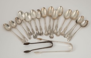 Set of six Albert pattern sterling silver tea spoons by Samuel Hayne & Dudley Carter of London, 1853; set of six teaspoons by James Dixon of Sheffield, 1929; together with two antique sterling silver sugar tongs, ne by George Smith of London, 1812, the other made in Sheffield, 1903; plus four silver plated Kings pattern spoons, (18 items), 300+ grams silver weight