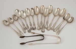 Set of six Albert pattern sterling silver tea spoons by Samuel Hayne & Dudley Carter of London, 1853; set of six teaspoons by James Dixon of Sheffield, 1929; together with two antique sterling silver sugar tongs, ne by George Smith of London, 1812, the ot