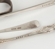 Set of six Albert pattern sterling silver tea spoons by Samuel Hayne & Dudley Carter of London, 1853; set of six teaspoons by James Dixon of Sheffield, 1929; together with two antique sterling silver sugar tongs, ne by George Smith of London, 1812, the ot - 2