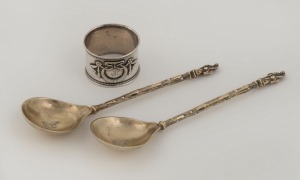 Two antique English sterling silver Apostle spoons with gilded finish by Stephen Smith of London, 1865; together with an Estonian silver napkin ring, (3 items), the spoons 13.5cm long, 72 grams total