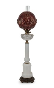 An antique French banquet oil lamp with bronze mounted base on facetted milk glass with hobnail crystal font, double burner, chimney and crimson glass shade, 19th century, 104cm high overall