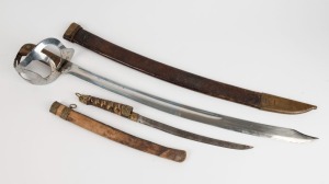 A Japanese tanto (poor condition), together with a cutlass in leather scabbard, 19th/20th century. Guild or Collector's licence required for Victorian purchasers