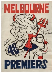 WEG MELBOURNE DEMONS poster signed by six of the players from the 1948 Premiership team including Don Cordner, Billy Deans and George Bickford, 64 x 45.5cm.