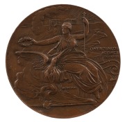 1896 Athens Olympics, bronze participation medal; 50mm; designed by N. Lytras; seated Nike holding laurel wreath over phoenix emerging from flames, Acropolis in background. Lovely condition. - 2