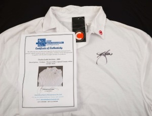 DENNIS LILLEE signed County white cricket shirt. With ASM Certificate of Authenticity.