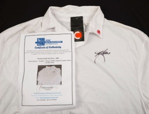 DENNIS LILLEE signed County white cricket shirt. With ASM Certificate of Authenticity.