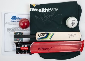 MIKE HUSSEY signed ODI cricket shirt (green), Kookaburra mini-bat, white and red cricket balls. With Certificate of Authenticity. (4 items).