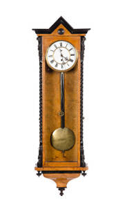 VIENNA REGULATOR: Late 19th century single weight wall clock in a fine walnut case with half barley twist ebonized columns. Height 110cm