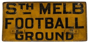 SOUTH MELBOURNE FOOTBALL GROUND and CARLTON FOOTBALL GROUND double sided vintage metal tram destination sign, 28cm x 58cm