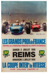 Original vintage Formula 1 poster for the French Grand Prix / LES GRANDS PRIX de FRANCE / French Federation Trophy of Engine Sports International Speed Cup Trophy / Craven A Challenge Cup on Saturday 2 July and Sunday 3 July 1966 in REIMS; featuring a dyn