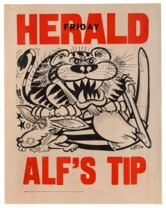 1974 GRAND FINAL EVE POSTER: Undated "ALF'S TIP" original WEG prediction poster (published 27 September 1974) depicting a rampant Richmond Tiger sitting on top of a bruised and battered North Melbourne Kangaroo. (Alf Brown was correct in his prediction, 