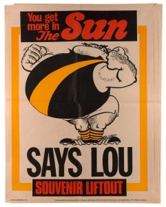 Saturday (morning) September 29, 1973 "The SUN" poster with RICHMOND predicted to be triumphant, "SAYS LOU". Artwork by Jeff Hook. Scarce. Three examples. Very good condition. 