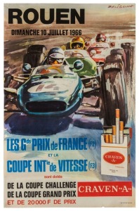 Original vintage motor racing poster with dynamic artwork by Michel Beligond (1927 - 1973) "ROUEN Dimanche 10 Juillet 1966" and with a packet of Craven A cigarettes featured; printed by Thivillier;  60 x 38.5cm.