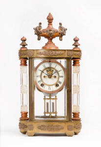 French mantle clock. Full glass regulator with open deadbeat escapement & cut crystal columns. Height 42cm