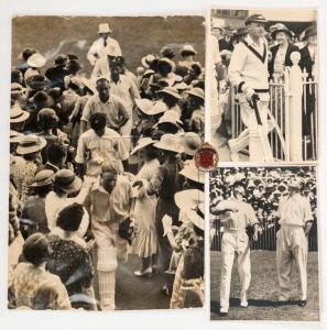 Fifth Test Melbourne Cricket Ground 1936-37: Group of three original press photos featuring Bradman (various sizes); together with a Melbourne Cricket Club 1936-37 membership fob (by Bentley & Son). (4 items)