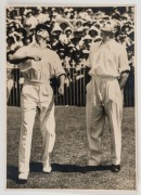Fifth Test Melbourne Cricket Ground 1936-37: Group of three original press photos featuring Bradman (various sizes); together with a Melbourne Cricket Club 1936-37 membership fob (by Bentley & Son). (4 items) - 3