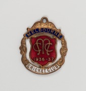 Fifth Test Melbourne Cricket Ground 1936-37: Group of three original press photos featuring Bradman (various sizes); together with a Melbourne Cricket Club 1936-37 membership fob (by Bentley & Son). (4 items) - 4