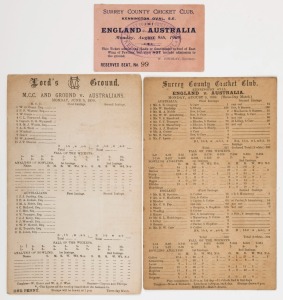 Monday June 5,1899, Lord's Ground scorecard for M.C.C. and Ground V. Australians (unused). Some adhesions to reverse; also Surrey County Cricket Club scorecard and reserve seat ticket for England V. Australia, Monday August 9, 1909. (3 items)