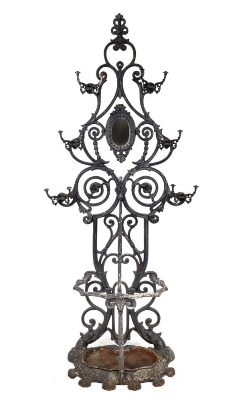 An antique cast iron hallstand, 19th century, ​​​​​​​210cm high, 76cm wide, 40cm deep