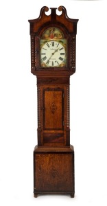 An antique English grandfather clock in mahogany and oak case with swan neck pediment, hand-painted dial and 30 hour weight driven movement, early to mid 19th century, 212cm high