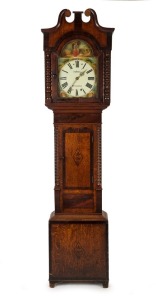 An antique English grandfather clock in mahogany and oak case with swan neck pediment, hand-painted dial and 30 hour weight driven movement, early to mid 19th century, ​​​​​​​212cm high