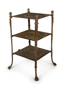 An antique English three tier cast iron and nickel plated display stand with Latin inscription, 19th century, ​​​​​​​89cm high, 47cmcm wide, 47cm deep