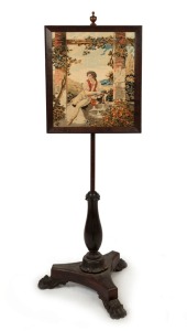 A William VI antique banner pole adjustable fire screen, mahogany and tapestry, circa 1840, 132cm high