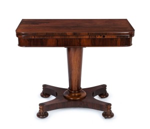 An antique English rosewood fold-over card table, circa 1835, ​​​​​​​75cm high, 92cm wide, 45cm deep