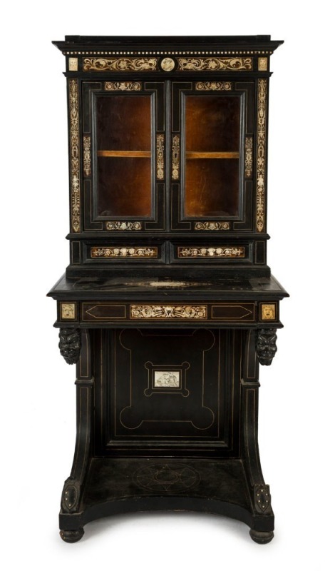 An antique French bonheur du jour lady's bureau desk, ebony inlaid with ivory and turtle shell, 18th century, 168cm high, 77cm wide, 48cm deep