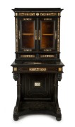 An antique French bonheur du jour lady's bureau desk, ebony inlaid with ivory and turtle shell, 18th century, 168cm high, 77cm wide, 48cm deep