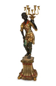 BLACKAMOOR candelabra topped bronze statue, mid 20th century, 175cm high