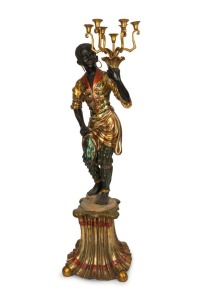 BLACKAMOOR candelabra topped bronze statue, mid 20th century, ​​​​​​​175cm high