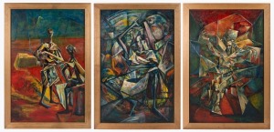 GEORGINA C. SHATIN (Australian), Genesis, triptych, acrylic on board, signed and titled verso, 120 x 78cm each, 134 x 92cm overall each