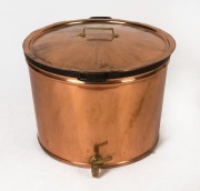 An antique copper and brass scullery pot with iron handles and brass tap, 19th/20th century, 50cm high, 70cm wide