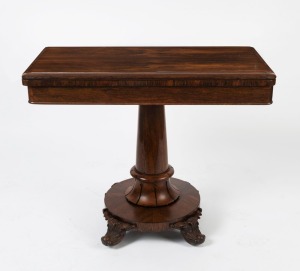 A William IV antique English rosewood card table with fold-over top, circa 1840, ​​​​​​​76cm high, 92cm wide, 45cm deep