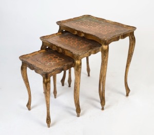 A nest of three Florentine occasional tables, mid 20th century, ​​​​​​​the largest 58cm high, 55cm wide, 36cm deep