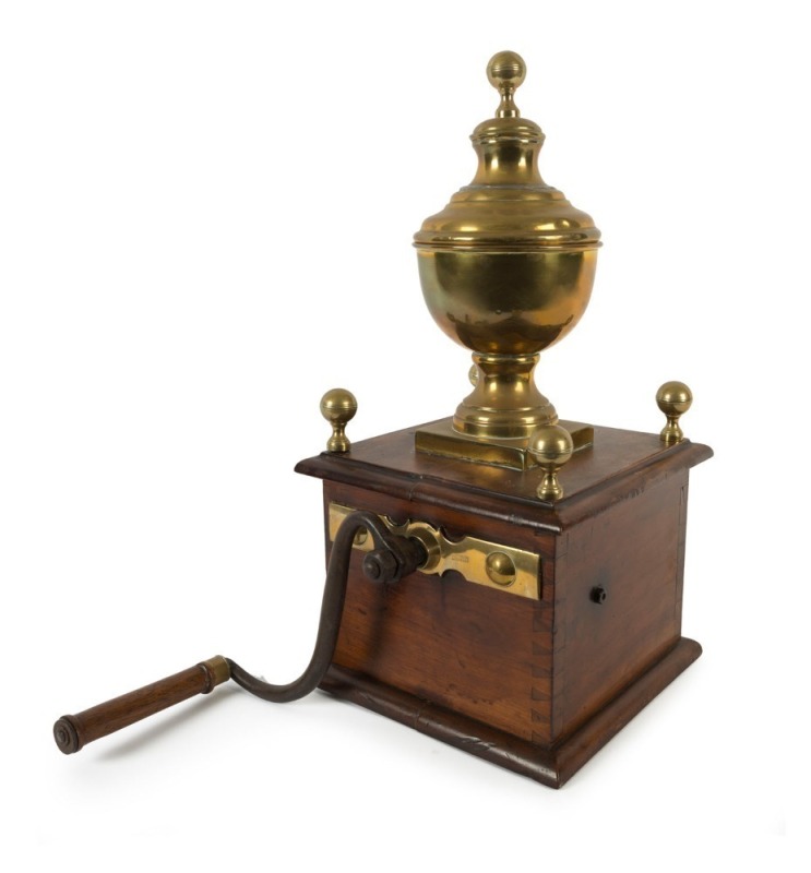 An antique bench top coffee grinder of unusually large proportions, 19th century, 65cm high