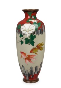 A Japanese cloisonne vase with koi carp and flowers, 20th century, seal mark to base, 31cm high