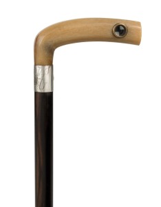 An antique walking stick, horn handle with looking glass, silver collar, ebony shaft and brass ferrule, 19th century, 90cm high