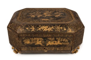 An antique Chinese Cantonese export ware sewing box with gilt decoration and black lacquered finish, interior fitted with compartments and original ivory implements, 19th century, 16cm high, 37cm wide, 26cm deep