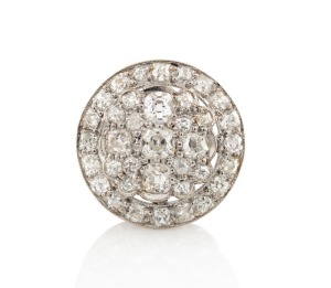 An 18ct white gold ring with circular setting of brilliant cut white diamonds, early 20th century, stamped "18, C", 5.1 grams