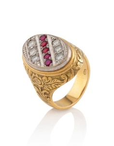 An 18ct yellow gold signet ring, set with a row of five rubies, flanked by two rows of three brilliant cut white diamonds mounted in a platinum top, stamped "750", an impressive 28.4 grams