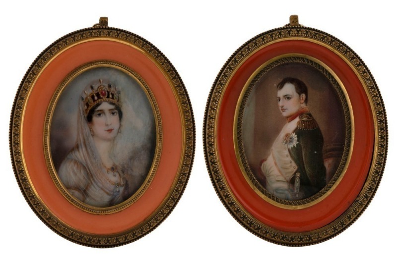 NAPOLEON BONAPARTE and the EMPRESS JOSEPHINE antique French miniature portraits painted on ivory in original gilt metal frames, 19th century, 13 x 11cm each overall