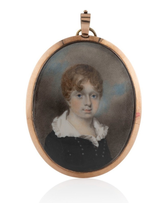 A Georgian hand-painted miniature portrait of a boy painted on ivory, mounted in 9ct rose gold frame, early 19th century, ​​​​​​​reverse adorned with lock of hair and enamel monogram plaque. 9.5 x 6.5cm overall