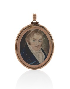 A Georgian hand-painted miniature portrait of a man in a blue coat, painted on ivory, mounted in 9ct rose gold frame, early 19th century, 7.5 x 5.5cm overall