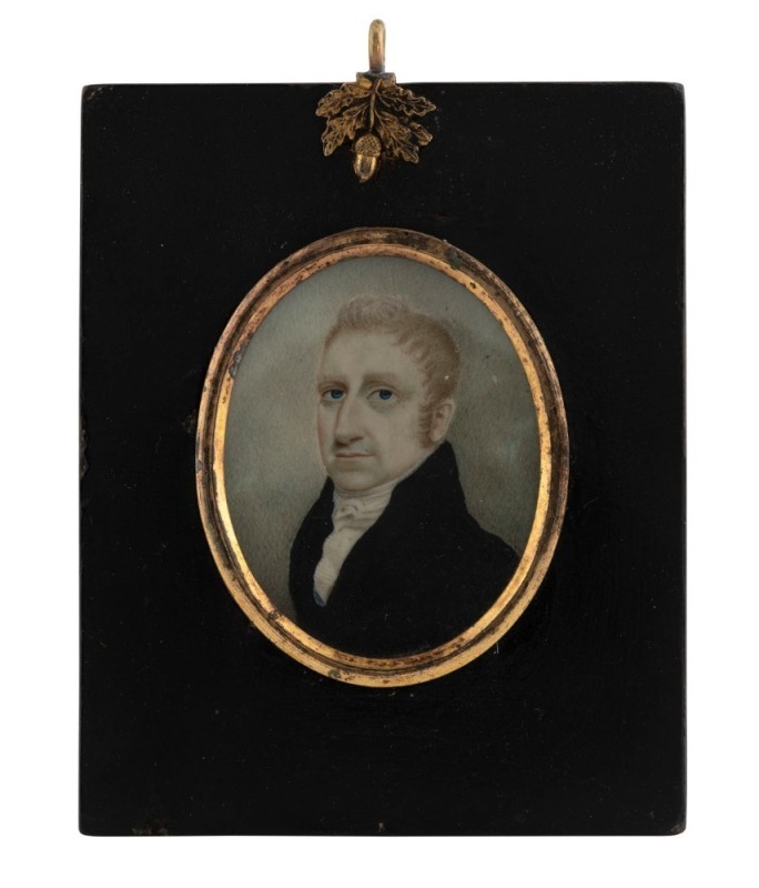 A Georgian hand-painted miniature portrait of a gent in a black coat, painted on ivory, early 19th century, 12 x 9.5cm overall