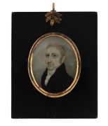 A Georgian hand-painted miniature portrait of a gent in a black coat, painted on ivory, early 19th century, 12 x 9.5cm overall